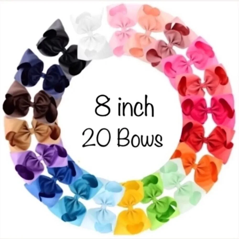 20 Rainbow Color Bows - 8 inch Hair Bows with Alligator Clips